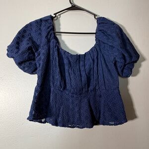 Express Off Shoulder Crop Top Small Blue Textured Peplum Puff Sleeve Zip Back
